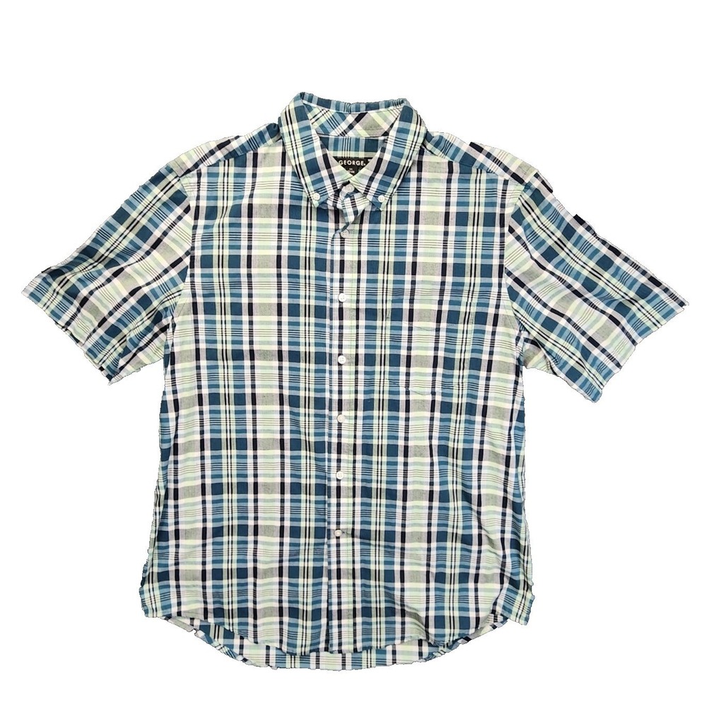 George Mens Blue Green Plaid‎ Short Sleeve Button Down Shirt Size L 42-44